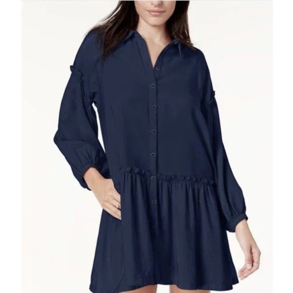 Free People Women's Oversized Navy Shirt Drop Waist Ruffle Dress Size XS - Picture 1 of 8